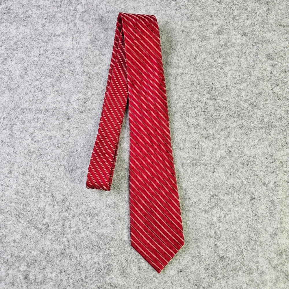 Shore & Singer Mens Red White Diagonal Striped Handmade 100% Silk Necktie Tie‎